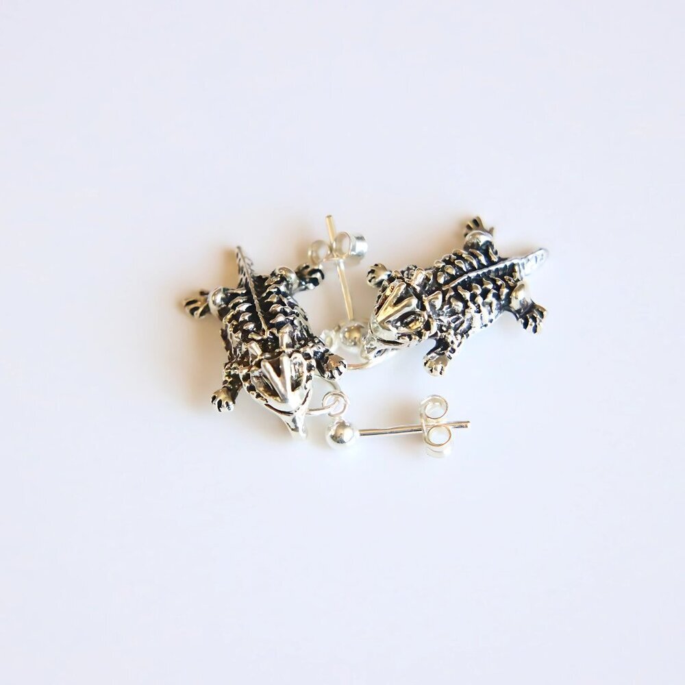 Horny Toad Sterling Silver Post Dangle Earrings Southwest Lizard Jewelry